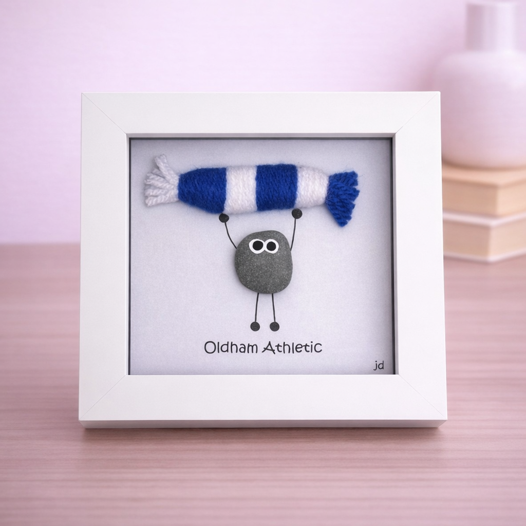 Oldham Gift for Football Fan – Handmade Pebble Art Frame – Supporter Decor - Unique Keepsake