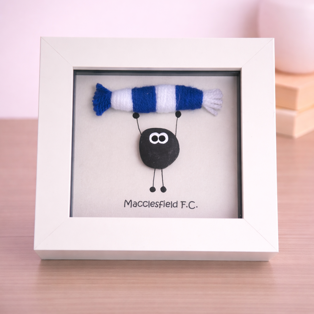 Macclesfield Gift for Football Fan – Handmade Pebble Art Frame – Supporter Decor - Unique Keepsake