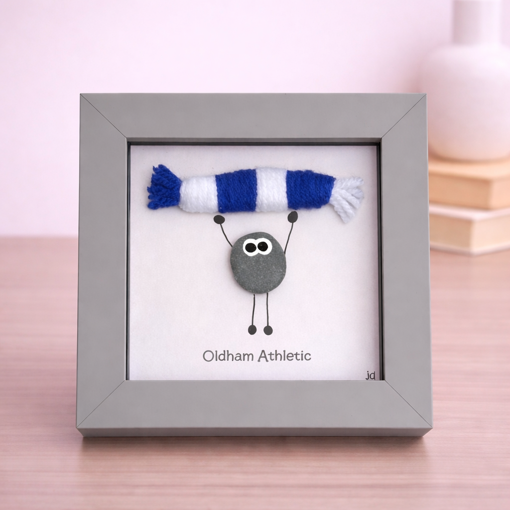 Oldham Gift for Football Fan – Handmade Pebble Art Frame – Supporter Decor - Unique Keepsake