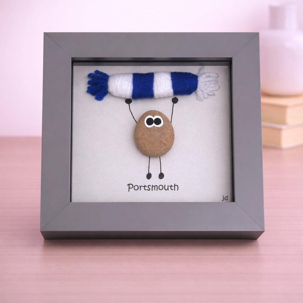 Portsmouth Gift for Football Fan – Handmade Pebble Art Frame – Supporter Decor - Unique Keepsake